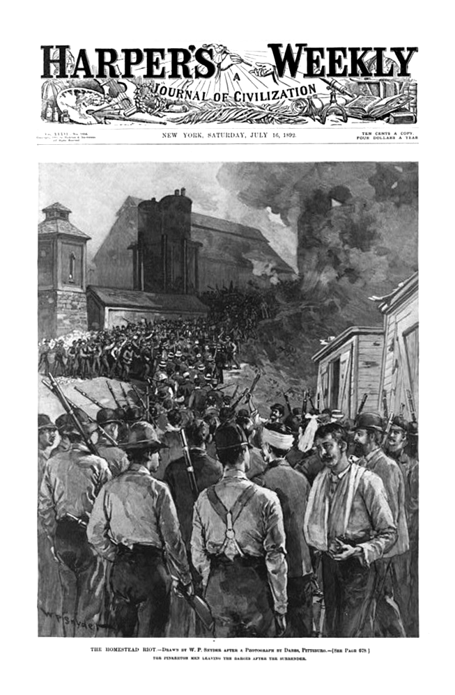 Illustration of the Homestead riot from Harper's Weekly showing Pinkerton agents in conflict with striking steelworkers
